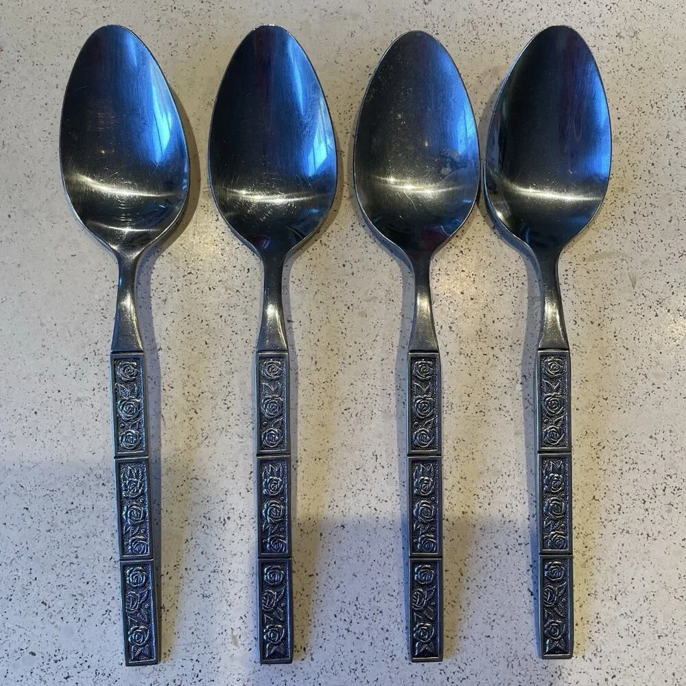 Stanley Roberts Stainless DORETTE Roses Floral Pattern 4 Table / Soup Spoons 7''